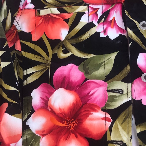 Caribbean Joe Floral Jean Jacket - Black, Pink, Green - Picture 3 of 8